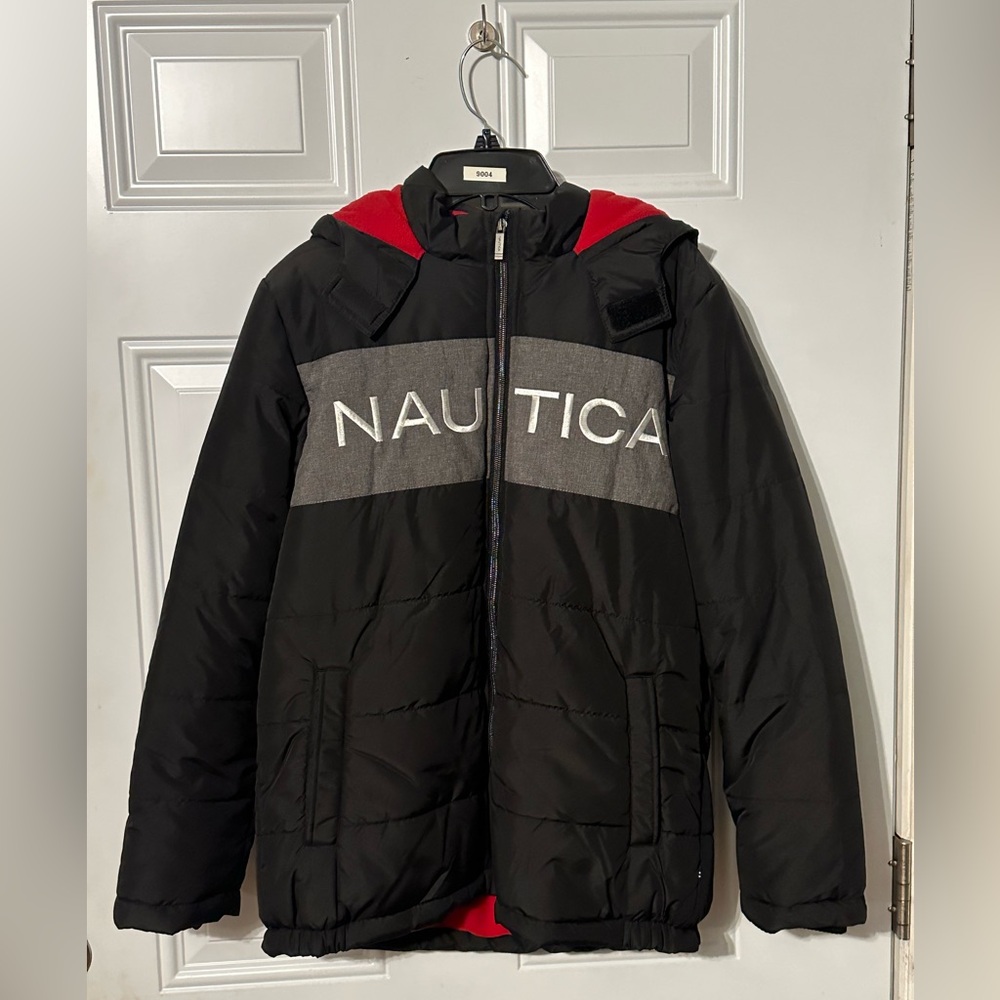 Nautica Youth Boys Hooded Jacket Black/Gray Water Resist Fleece Lining Size LG